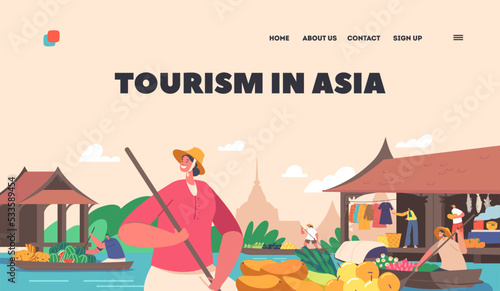 Tourism in Asia Landing Page Template. Traditional Trading in Asian Floating Market in Thailand. Saleswoman on Boat