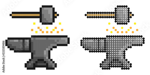 Pixel icon. Hammer hits the anvil. Blacksmith craft, production of metal products. Simple retro game vector isolated on white background