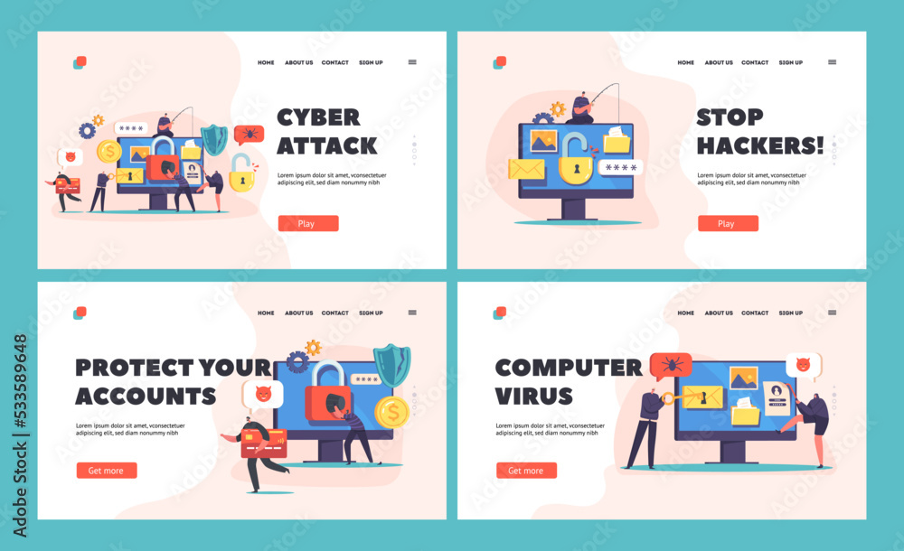 Cyber Attack Landing Page Template Set. Hacker Phishing, Stealing Personal Data in Internet. Online Security Concept