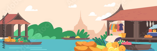 Thailand Floating Market on Asian Nature Landscape. Wooden Piles Houses Stand in Water with Different Goods on Terrace