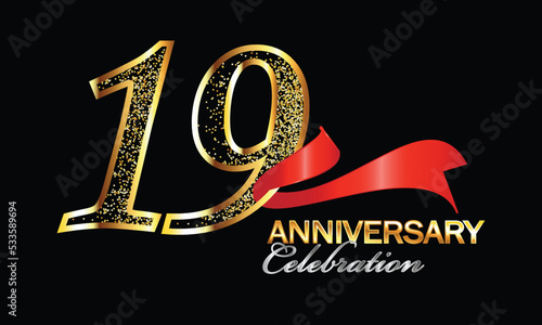 19 Year Anniversary celebration Vector Design with red ribbon and glitter. 19th Anniversary celebration. Gold Luxury Banner of 19th Anniversary. nineteenth celebration card. Vector anniversary
