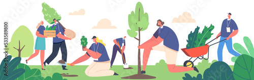 Volunteer Characters Planting Seedlings, Growing Trees. People Working in Garden, World Environment Day, Reforestation