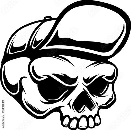 Illustration of a skull in skateboarder cap. Design element for poster, card, banner, sign. Vector illustration