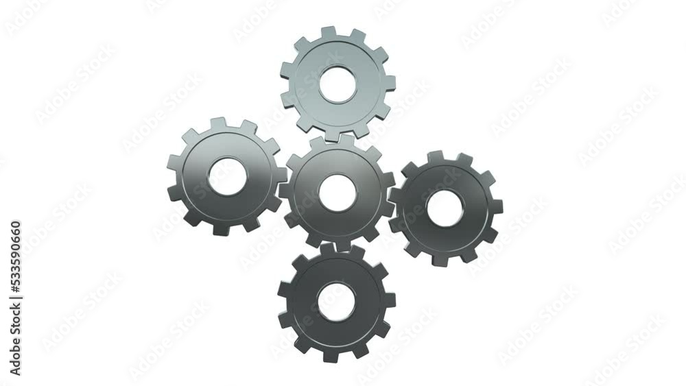 3D rendering of five silver rotating gear, wheels with cogs isolated on white background with alpha channel. Metal gearwheel rotate together. Metallic clockwork or transmission is turning. 3D rendering of five silver rotating gear, wheels with cogs isolated on white background with alpha channel. Metal gearwheel rotate together. Metallic clockwork or transmission is turning.