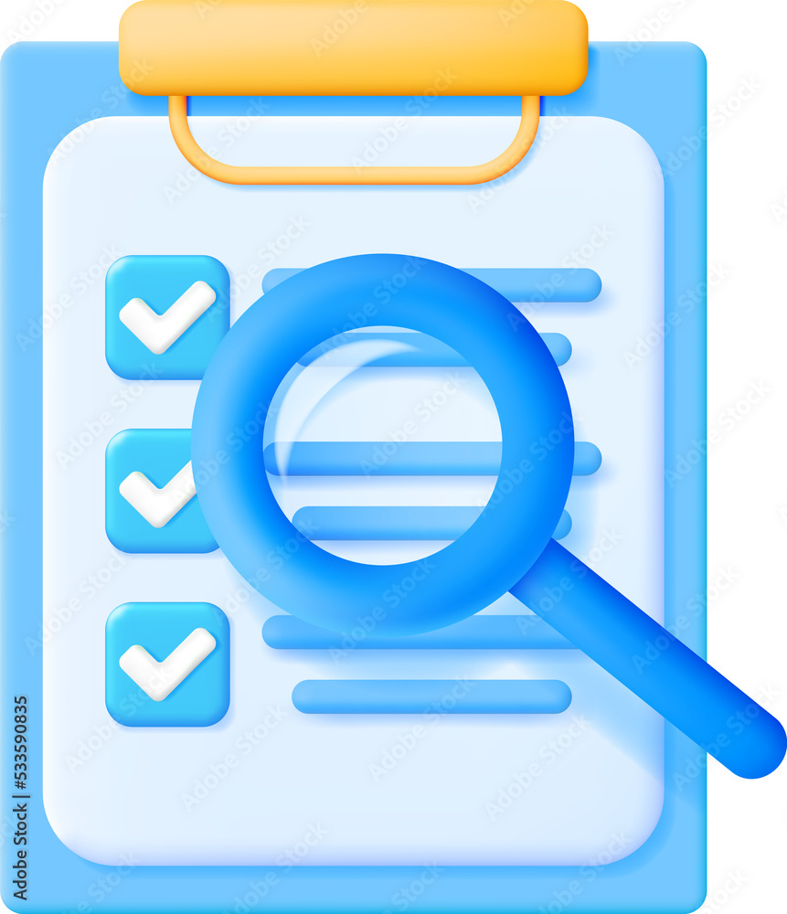 3D Checklist on Clipboard with Magnifying Glass 3D Checklist on Clipboard with Magnifying Glass