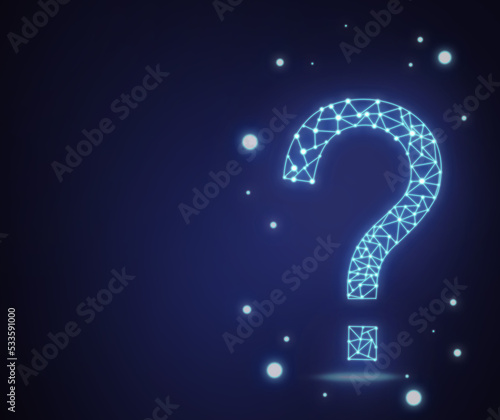 2d image of a blue question mark on a cosmic dark blue background. Polygonal, neon, technological, linear question mark. Unknown, finding answers, information, search