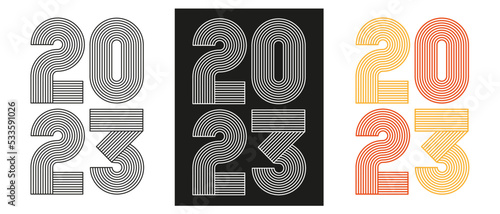 2023 line art design. Retro, 70s style numbers. Happy New Year design element for calendar card, brochure, cover.