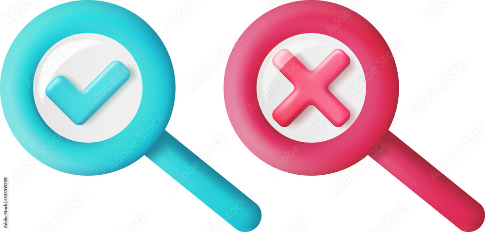 3D Magnifying Glass and Tick and Cross Sign 3D Magnifying Glass and Tick and Cross Sign