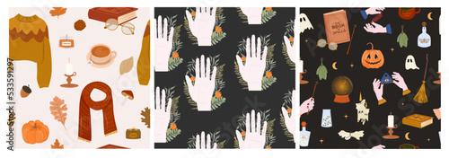 Collection of seamless pattern with autumn and magic things. Editable vector illustration.