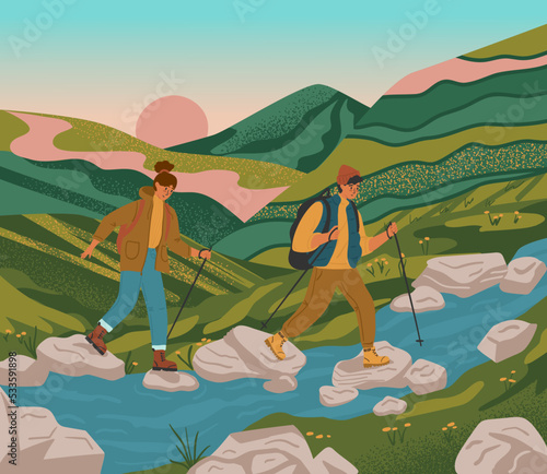 Couple trekking in mountains and crossing river. Travel adventure and hiking concept vector poster. Man and woman with backpack in outdoor nature landcape