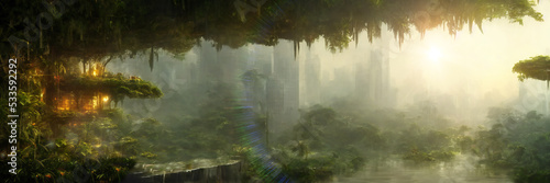 overgrown post-apocalyptic city  flooded landscape  background banner