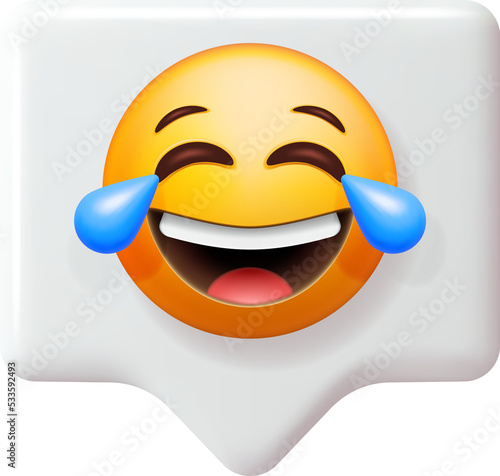 3D Yellow Laugh Emoticon with Tears in Chat Bubble