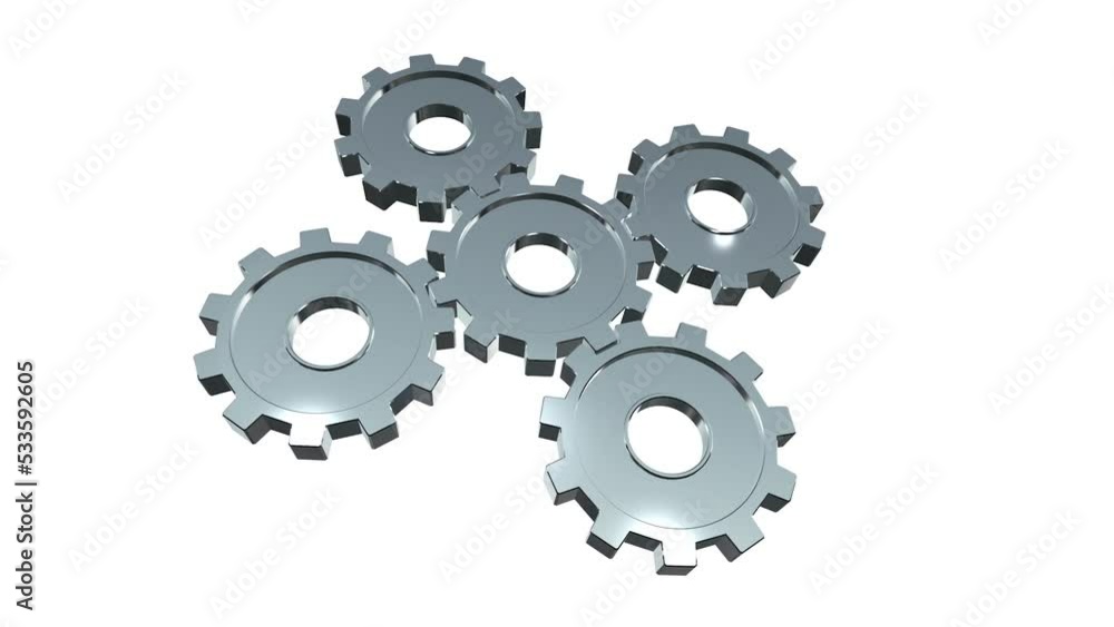 3D rendering of five silver rotating gear, wheels with cogs isolated on white background with alpha channel. Metal gearwheel rotate together. Metallic clockwork or transmission is turning. 3D rendering of five silver rotating gear, wheels with cogs isolated on white background with alpha channel. Metal gearwheel rotate together. Metallic clockwork or transmission is turning.