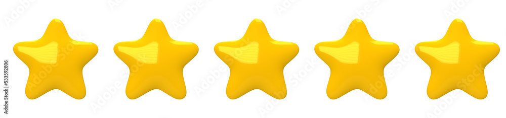 Five stars customer product rating review, 3D render glossy stars transparent background.