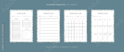 Set of daily, weekly, monthly, and yearly planner minimalist template with terrazzo pattern