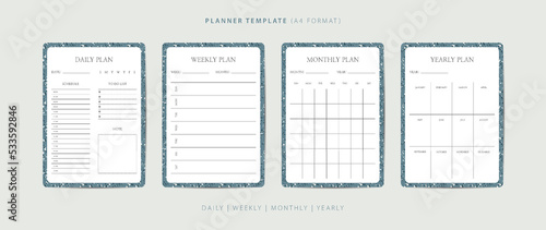 Set of daily, weekly, monthly, and yearly planner minimalist template with terrazzo pattern