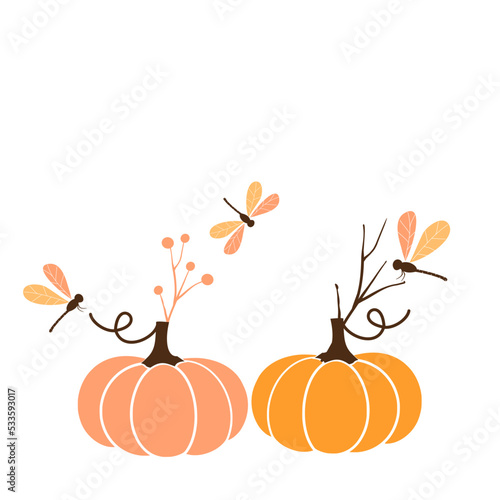 Pumpkin and dragonfly cartoon icon isolated on white background vector. Elements for Halloween and Thanksgiving. Flat design.