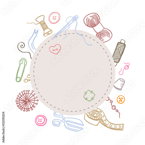 Sewing vintage background with place for your text. Hand drawn colored sketches composition. Vector.