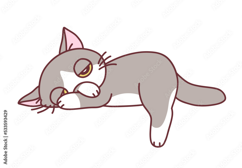 Cute resting cat on the white background. Doodle cartoon cats series.