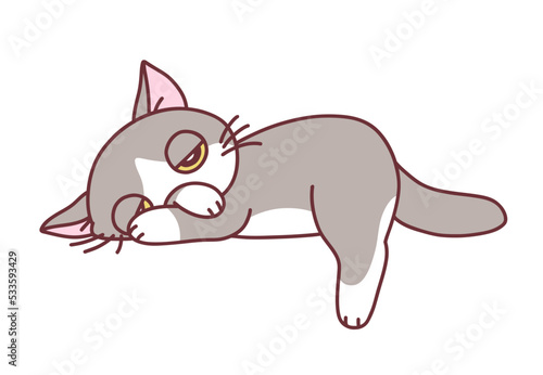 Cute resting cat on the white background. Doodle cartoon cats series.