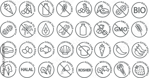 Dietary restrictions icon set with elements such as vegan, vegetarian, keto, gluten free, dairy free, sugar free etc.