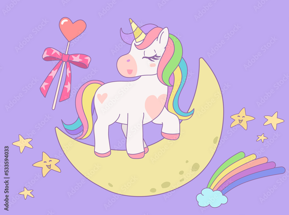 Cute rainbow unicorn standing with eyes closed and magic wand on the moon in the sky. Design illustration.