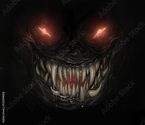 Fotografiet Horror monster face in the darkness. Digital painting.