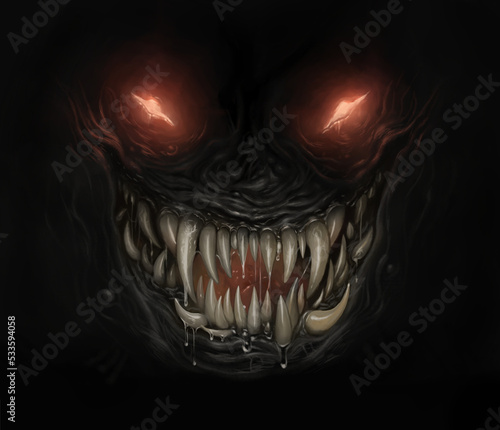 Horror monster face in the darkness. Digital painting. 