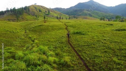 A person walking towards the mountain photo