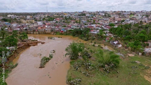 Aerial view of flooded Yuma River after Hurricane Fiona in Dominican Republic