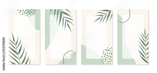 Instagram stories templates with organic shapes, palm leaves and copy space for text. Green neutral abstract hand drawn minimal backgrounds