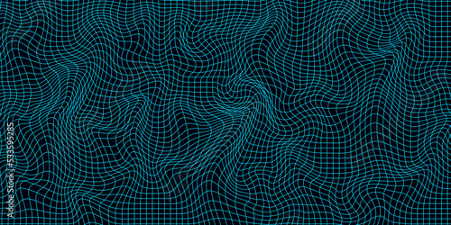 Futuristic wavy grid in the style of retrofuturism. Geometric dynamic wave. 3D technology wireframe. Vector illustration.