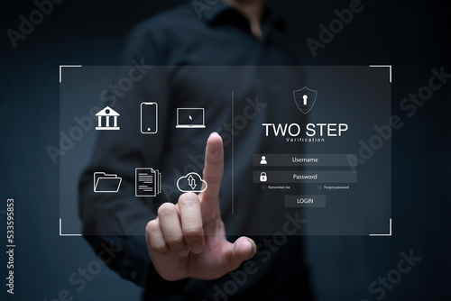 Person using virtual screen for two step authentication for safety use of social networks and access to information privacy