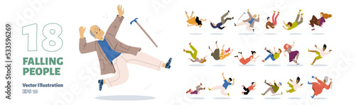Falling people set, senior and young characters fall down in ridiculous postures due to wet floor, clumsiness, danger accident, men and women slip or stumble. Linear cartoon flat vector illustration