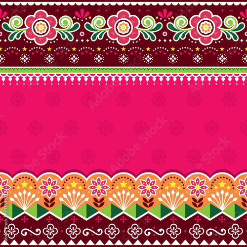 Pakistani or Indian truck art vector seamless pattern with flowers and geometric shapes, jingle truck ornamental design 
 