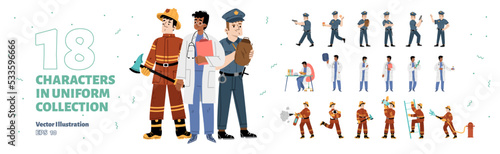 Set of people in professional uniform, policeman, doctor and firefighter. People with different occupation, medicine worker, police officer and fireman, vector hand drawn collection