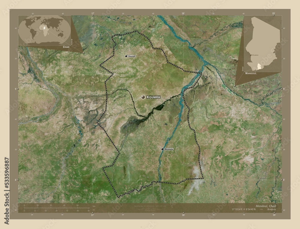 Fototapeta premium Mandoul, Chad. High-res satellite. Labelled points of cities