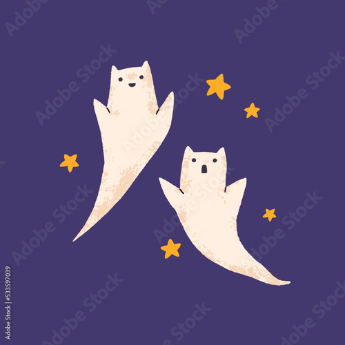 Cute cat ghosts floating in night sky. Halloween feline spooks. Funny kittens...