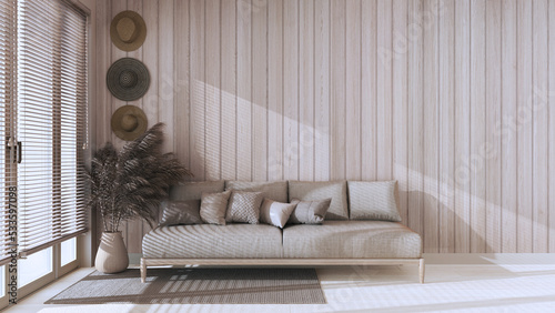 Wooden living room with copy space in bleached tones. Fabric sofa with pillows, window with venetian blinds. Farmhouse interior design © ArchiVIZ