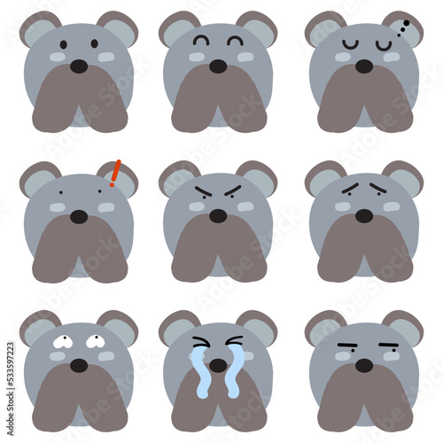 Dog face mood. Present of face Still, Smile, Sleep, Angry, Sad, Confused, Obscene, Cry, Glance.
Cute Wildlife Animal Character Vector Illustration.