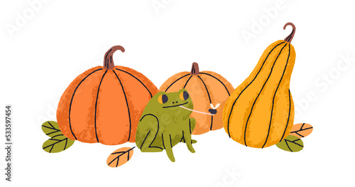 Orange pumpkins, fall harvest and cute funny frog eating insect in October. Autumn vegetables, squashes and amusing froggy with fly. Kids flat graphic vector illustration isolated on white background