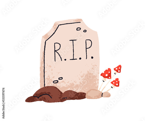 RIP gravestone. Halloween tombstone. Grave headstone, graveyard with mushroom. Cute creepy Helloween tomb stone, memorial for death. Flat vector illustration isolated on white background