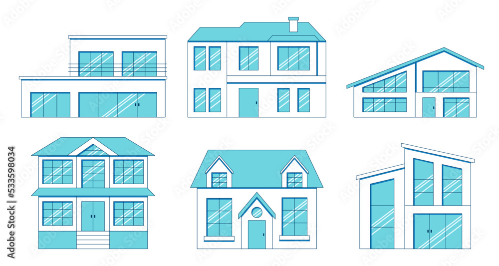 Set of vector white-blue houses in line art style Set of vector white-blue houses in line art style