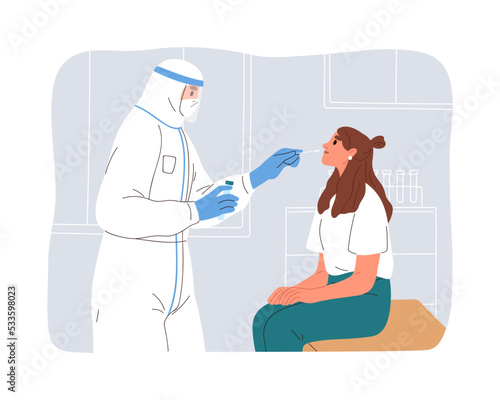 Covid-19 rapid antigen test. Patient during collecting nasal swab from nose in hospital for coronavirus check, corona lab research. Flat graphic vector illustration isolated on white background