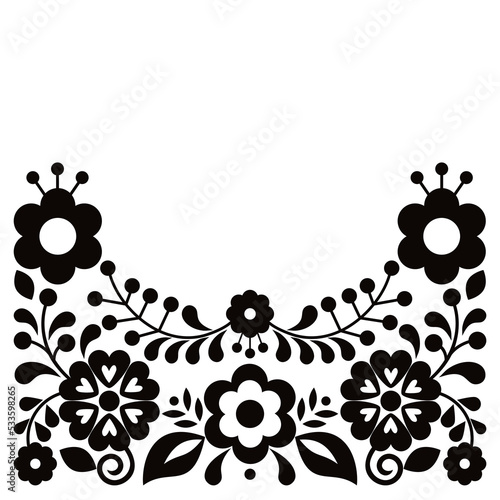 Mexican folk art style vector floral greeting card or invitation design, black and white pattern with flowers inspired by traditional embroidery from Mexico
 
