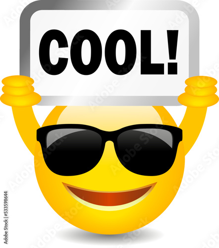 Smiling happy emoji with Cool sign, vector cartoon