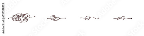 Simple line and complex easy way. Scribble doodle chaos mindset. Problem solving, difficult line. Vector hand drawn concept path