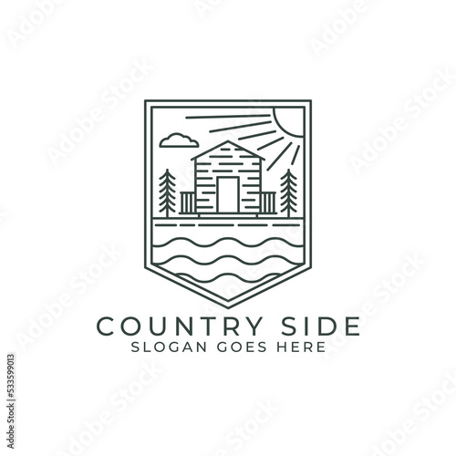 Country side outline logo design inspiration. Vector line art with cabins for nature.