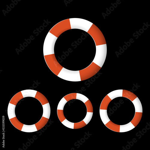 Red and white sea lifebuoy ring set on a black background. Support and rescue help. Bailout