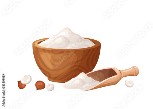 Quinoa flour in wooden bowl with seeds. Healthy gluten free food. Powde in organic product. Vector illustration isolated on white background